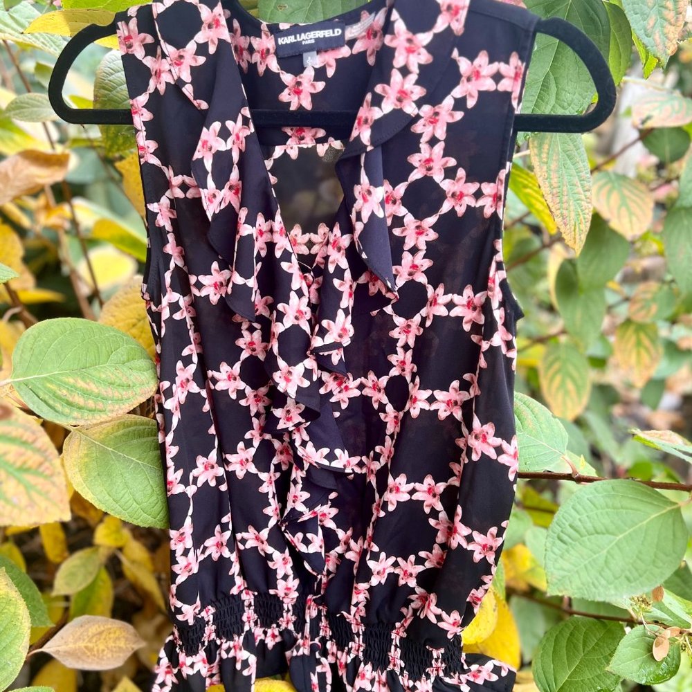 NWOT, Karl Lagerfeld, Floral Button Down Ruffle Blouse, Small